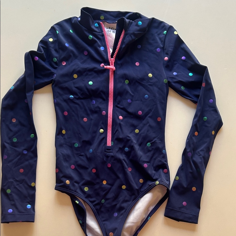 Girls Navy Polka Dot Long-Sleeve Rash Guard Swimsuit with Pink Zip